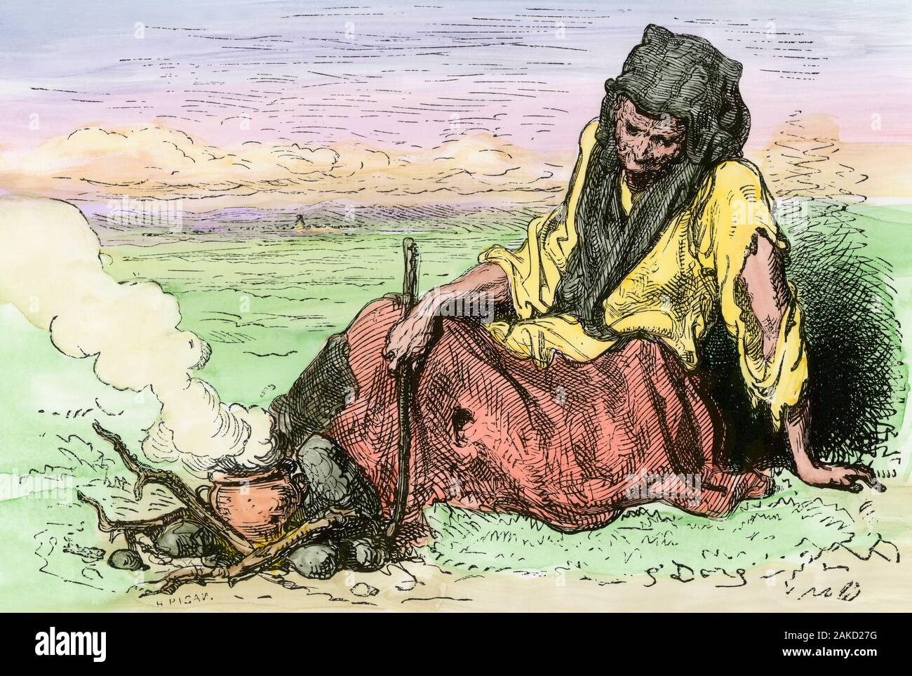 Donna gitana cucinare la sua prima colazione, Spagna, 1800s. Colorate a mano la xilografia di Gustave Dore illustrazione Foto Stock
