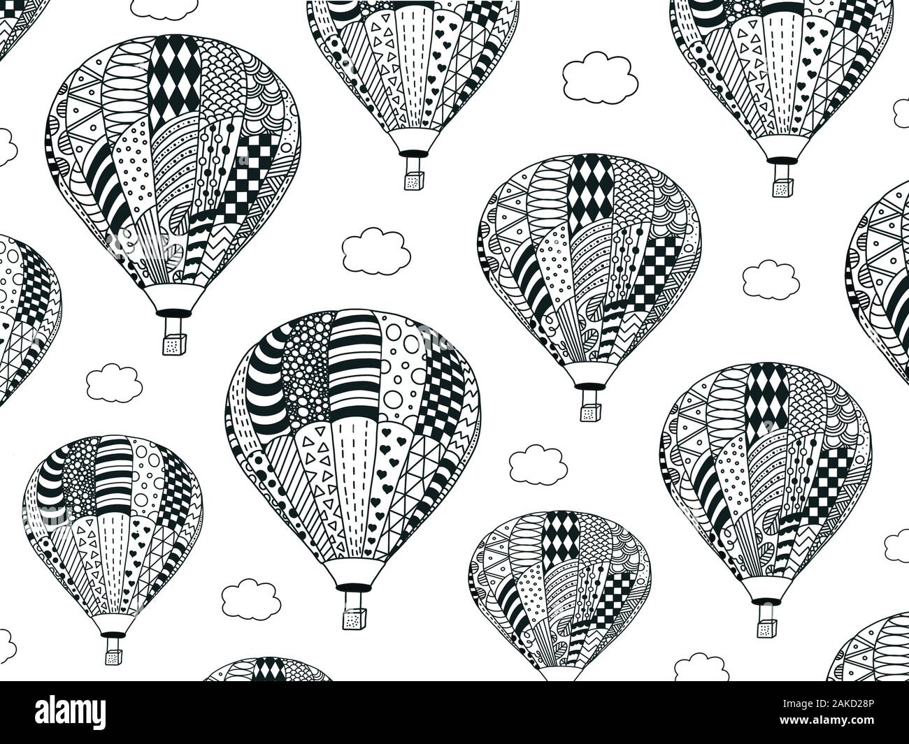 Pagina di colorazione di molti battenti di palloncini con le nuvole.Antistress magic zentangle da colorare per bambini e adulti. Applicazione in materiali stampati. Foto Stock