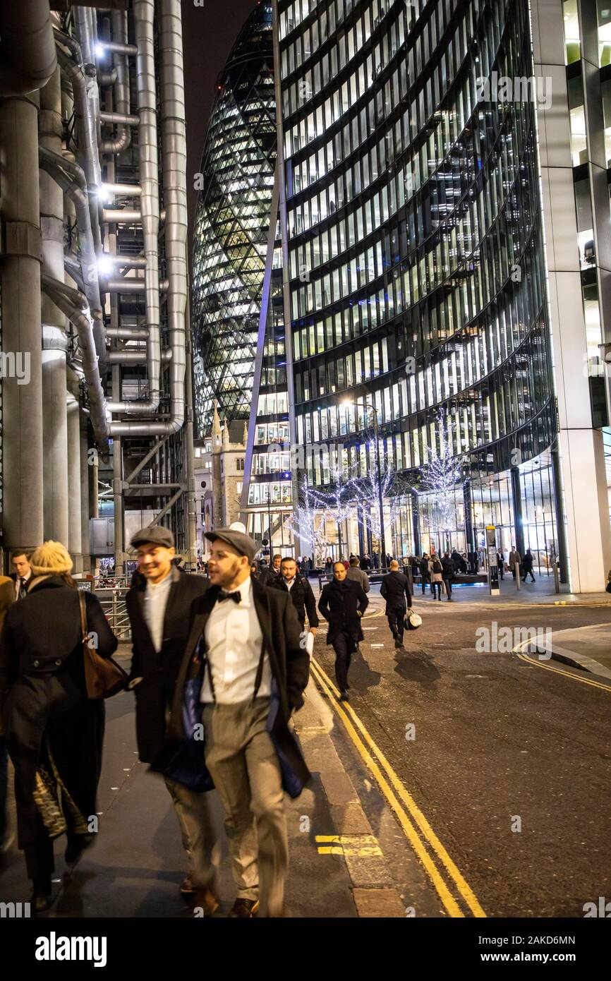 Il distretto bancario, Lime Street, Lloyd s di Londra Edificio, 30 St Mary Axe edificio, il Gherkin, Regno Unito Foto Stock
