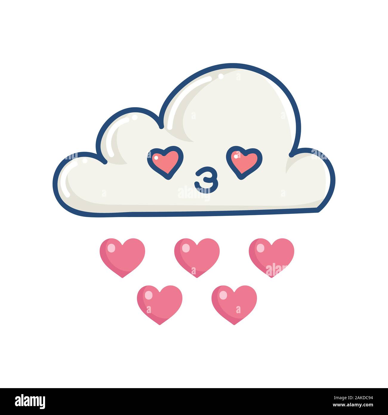 Kawaii cloud piove cuori illustrazione isolato su bianco Illustrazione Vettoriale