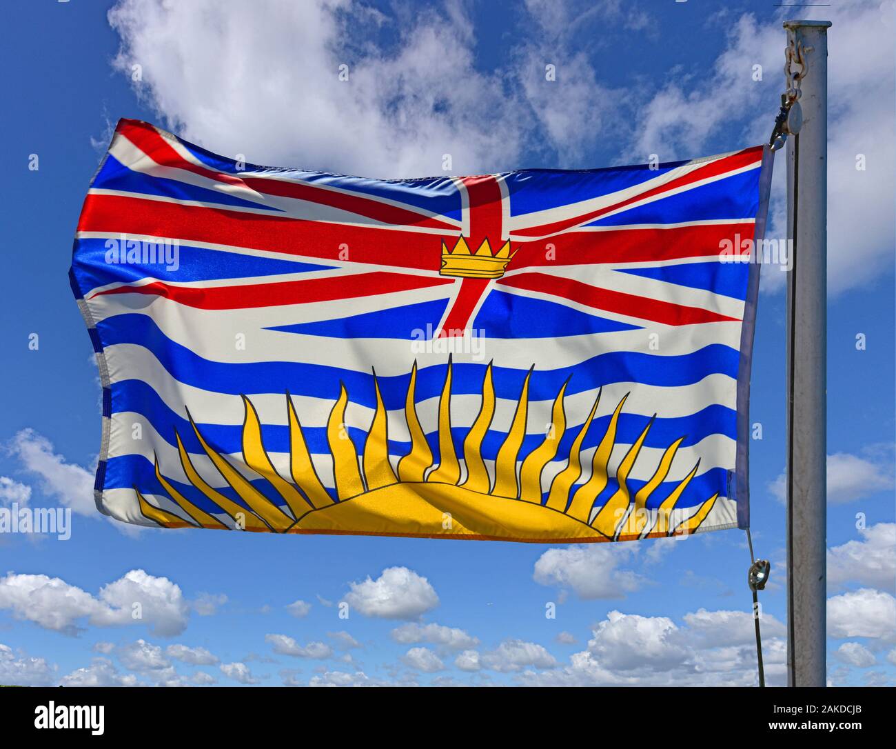 Bandiera della provincia di Britich Columbia, Canada su un pennone battenti nel vento. Foto Stock