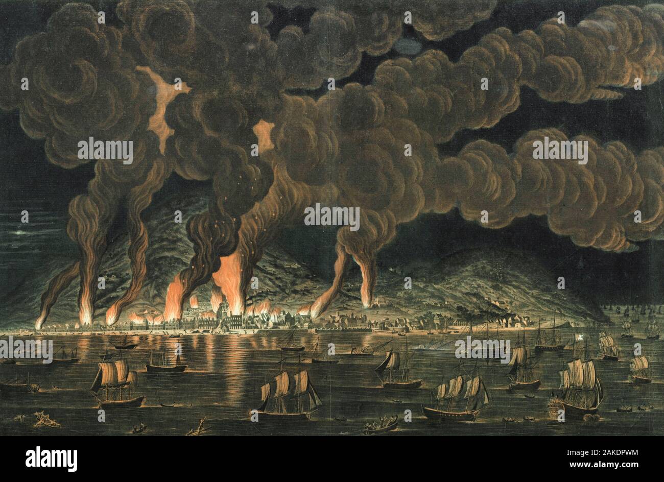 Visione del fuoco nella città di Cap Français, 21 giugno 1793. Incisione colorata di Jean-Baptiste Chapuy dopo J. L. Boquet. Foto Stock
