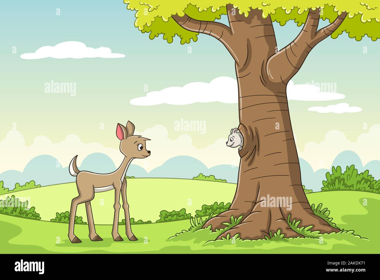 Cervi e scoiattoli su un albero. Illustrazione Vettoriale con strati separati. Illustrazione Vettoriale