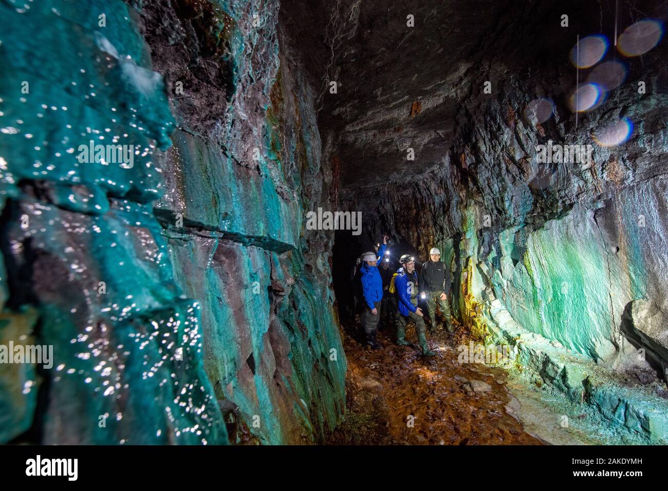 28 novembre 2019, Sassonia-Anhalt, Sangerhausen: Thomas Wäsche (secondo da destra), guida del tour spiega a un gruppo in un'escursione attraverso il reed Wettelrode albero nel cosiddetto 'Green Vault' come la sinterizzazione sulle pareti di galleria si verifica. Poiché l'albero è stato abbandonato nel 1885, permanentemente acqua fluente ha minerali sciolti dal calcare, che forma una crosta sulle pareti. La tavolozza dei colori varia da forti tonalità marrone al bianco, verde turchese blu e nero. Per circa venti anni il museo "ErlebnisZentrum Bergbau Röhrigschacht Wettelrode' è stata offerta di escursioni più unde Foto Stock