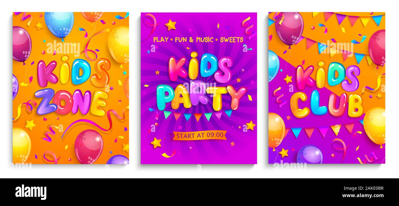 Set di Kids volantini per party, zona bambini, club. Illustrazione Vettoriale