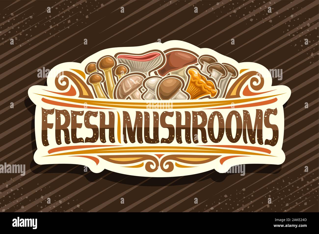 Il logo del vettore per i funghi freschi, decorativi taglio carta cartello con illustrazione del palo intero funghi commestibili e fiorisce, segnaletica con spazzola t Illustrazione Vettoriale