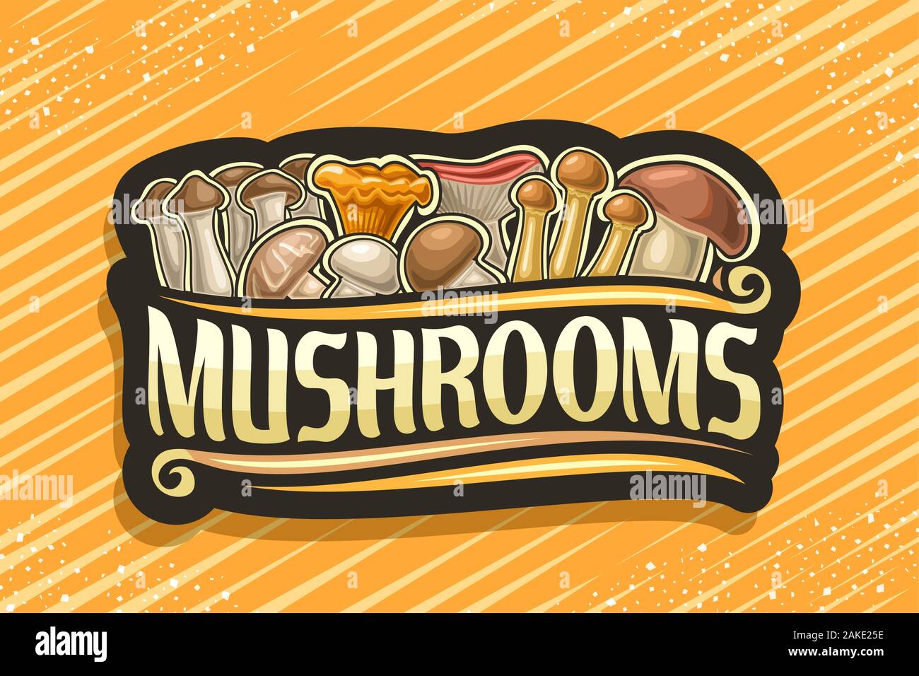 Il logo del vettore per i funghi commestibili, nero segno decorativo con illustrazione delle varietà di heap cartoon di funghi e fiorisce, segnaletica con tipo di spazzola fo Illustrazione Vettoriale