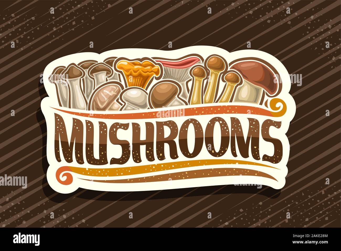 Il logo del vettore per i funghi commestibili, decorativi taglio carta tag con illustrazione della pila di cartoni animati vari funghi e fiorisce, segnaletica con tipo di spazzola Illustrazione Vettoriale