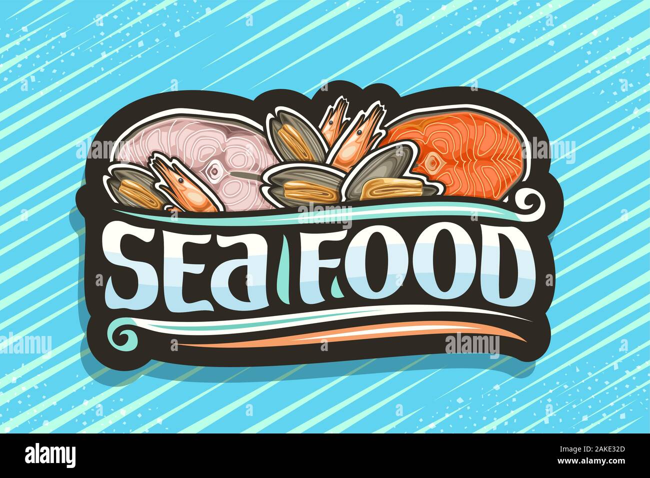 Il logo del vettore per i frutti di mare freschi, nero cartello decorativo con illustrazione dei pezzi tagliati di un assortimento di pesce, gamberi bolliti e molto aperto di cozze, Illustrazione Vettoriale