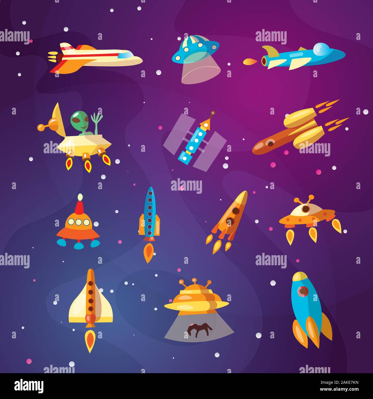 Cartoon carino space explorer, astronomia scienza e vettore di UFO set. Rover lunari, razzi, spazio le pecore e la navetta, alieni. Attrezzatura dello spazio, razzi Illustrazione Vettoriale