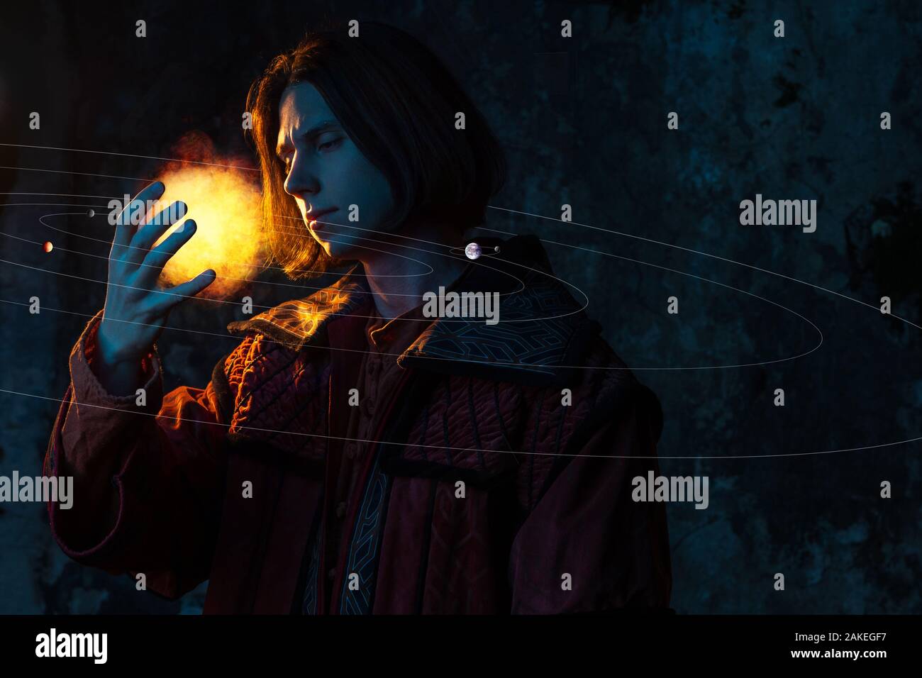 Nicolò Copernico autore del sistema eliocentrico del Mondo, la rivoluzione scientifica. La storia del progresso scientifico. Un giovane uomo in imag Foto Stock