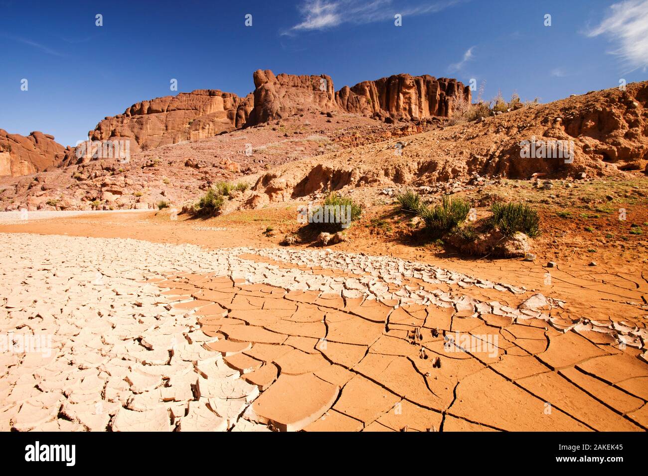 Asciugò il letto del fiume in Anti atlante del Marocco, Africa del Nord. Aprile 2012. Negli ultimi anni le precipitazioni totali sono ridotti di circa il 75% come risultato dei cambiamenti climatici. Foto Stock