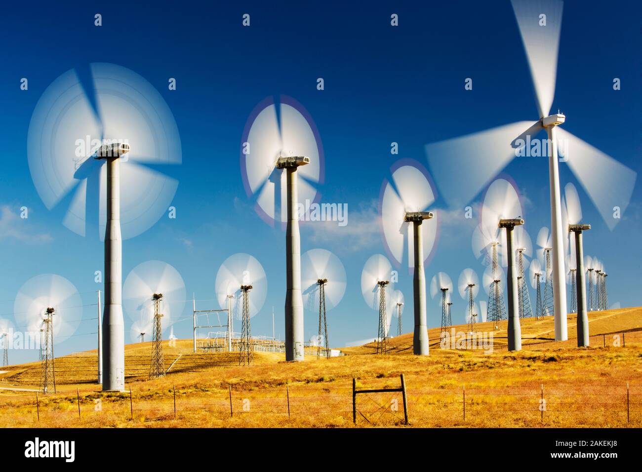 Parte del Tehachapi Pass wind farm, il primo grande scala wind farm area sviluppata negli Stati Uniti, California, Stati Uniti d'America. Settembre 2014 Foto Stock