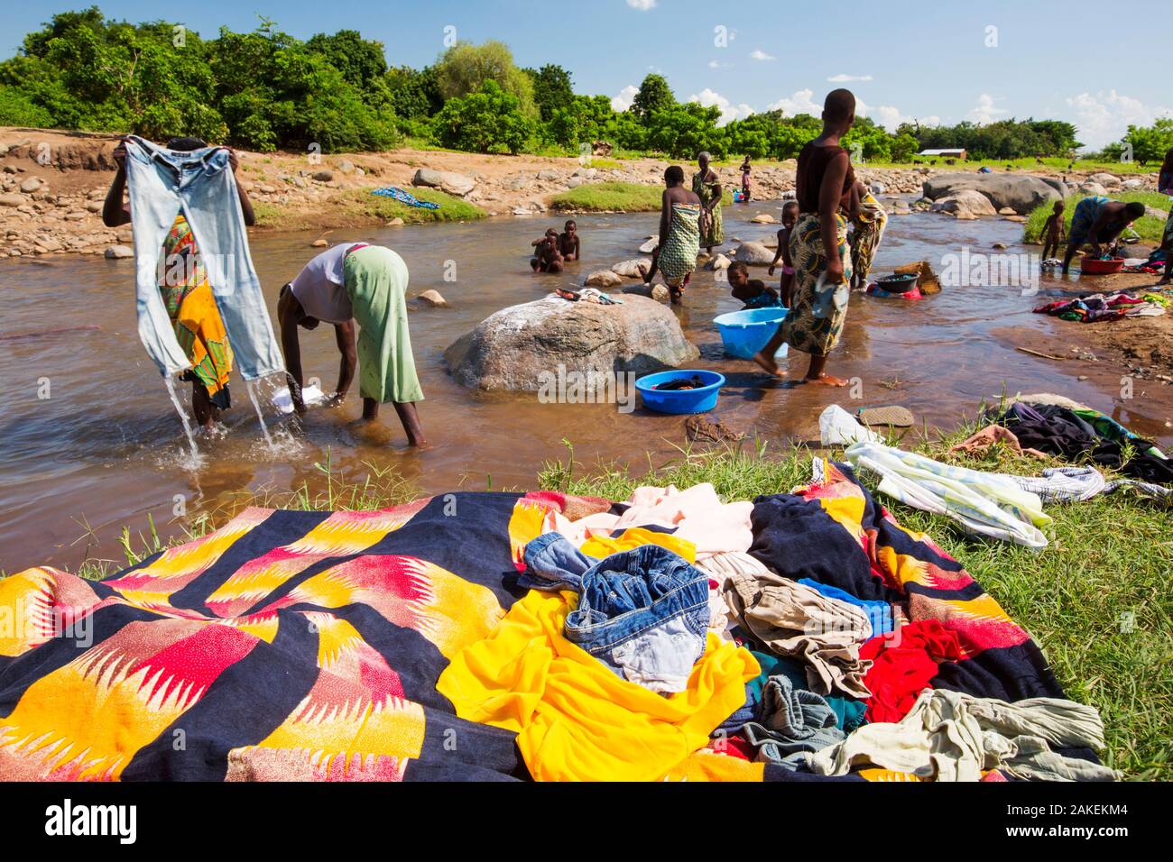 Le donne a lavare i panni in un fiume vicino a Chikwawa in Shire Valley, Malawi. Foto Stock