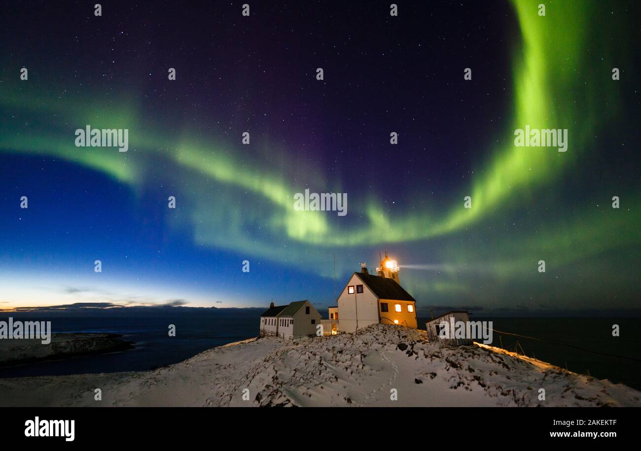 Aurora boreale sopra Hornoya faro. Hornoya, Norvegia, Marzo. Foto Stock