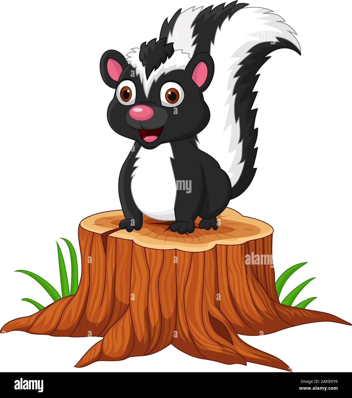 Cartoon skunk bambino seduto sul ceppo di albero Illustrazione Vettoriale