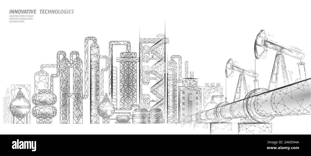 Olio di petrolio raffineria basso complesso poli concetto aziendale. Economia finanza petrolchimico poligonale impianto di produzione. Petrolio industria del carburante sarà Illustrazione Vettoriale