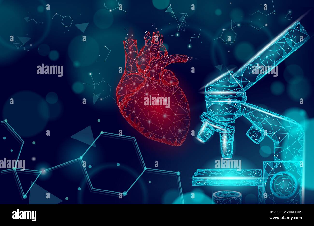 Cuore scienza microscopio 3d bassa medicina poli concetto. Triangolo rosso farmacia farmacia in background. Moderno e il trattamento con il farmaco di recupero vettore di farmaci Illustrazione Vettoriale