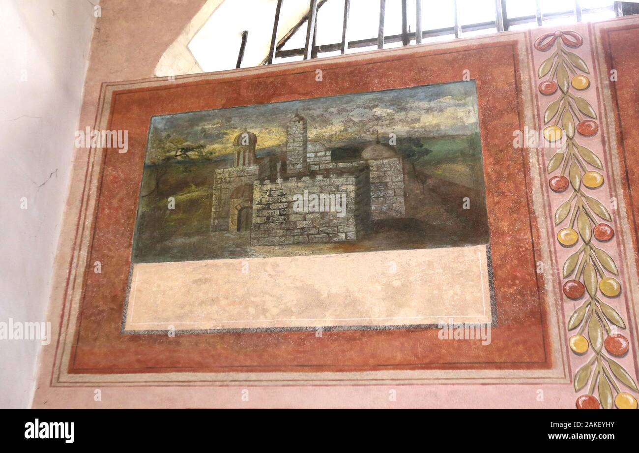 Cracovia. Cracovia. Polonia. Kazimierz, ex quartiere ebraico. All'interno della sinagoga Remuh. Dipinti murali rari nella cultura ebraica. Foto Stock