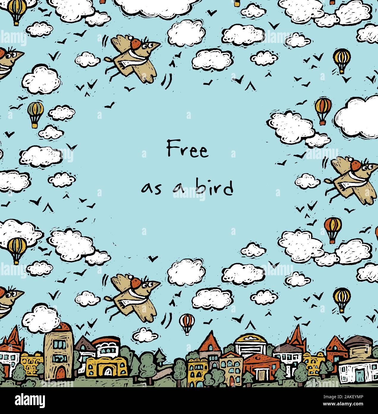 Freedom Frame Fly uccello cielo nuvole scheda o poster Illustrazione Vettoriale