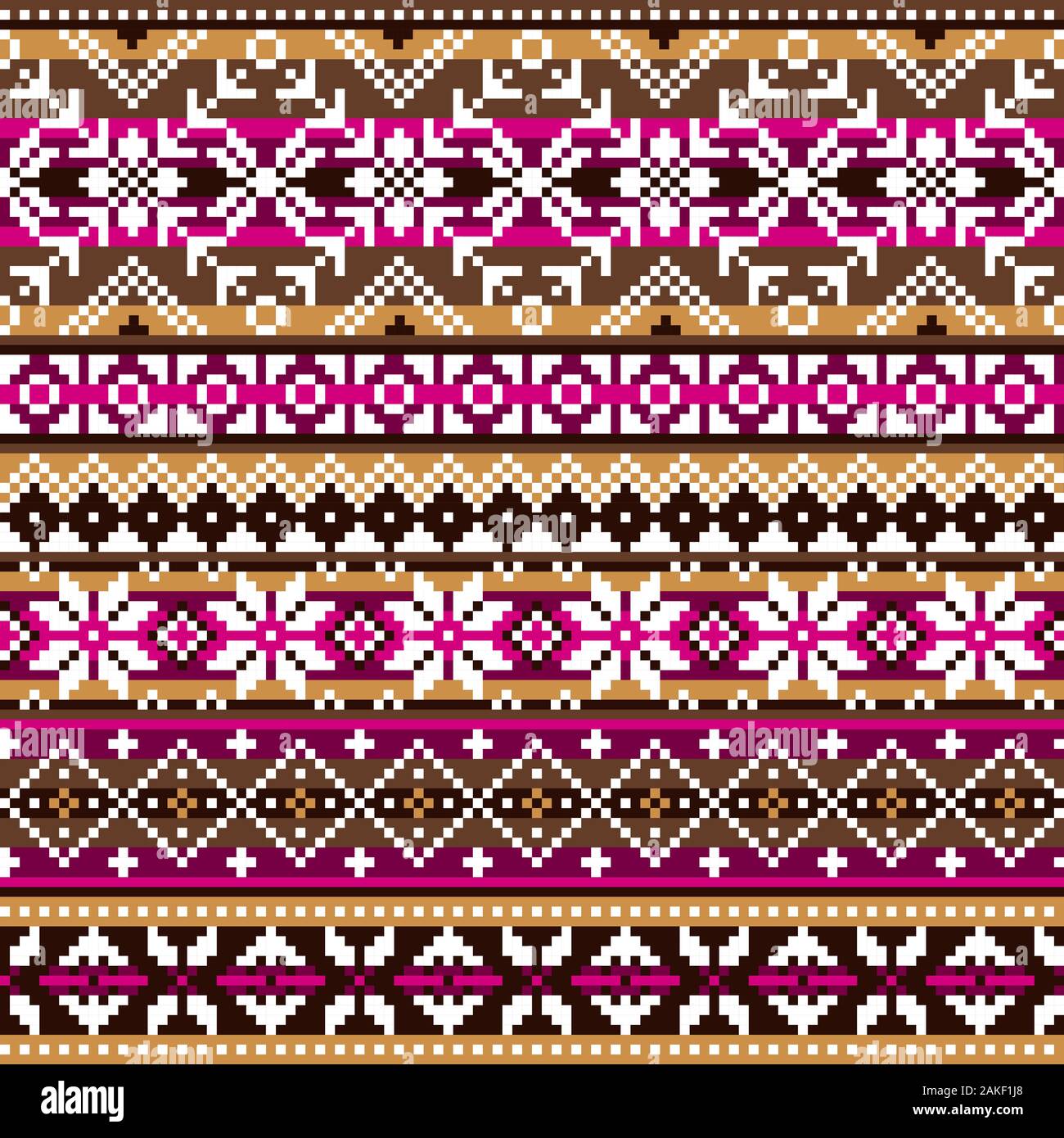 Scottish Fair Isle tradizionali stile vettore di maglieria seamless pattern, retrò maglia Shtelands design ripetitiva con i fiocchi di neve in marrone e rosa Illustrazione Vettoriale