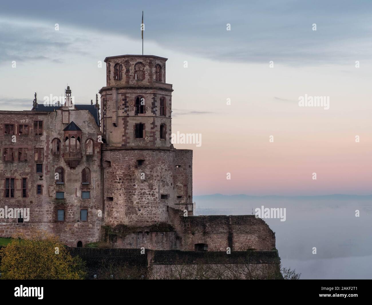 Ottima vista del castello di Heidelberg a sunrise Foto Stock