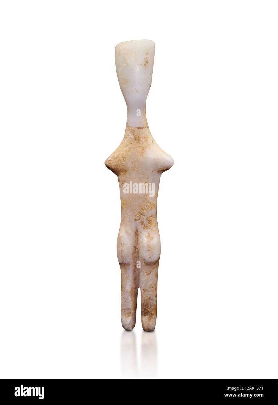 Abstract di figurine delle Cicladi , Louris tipo, da Naxos, 2800-2500 BC, Museo di Arte Cyclade Atene, contro il bianco. La statuetta non ha alcuna funzione per il viso Foto Stock