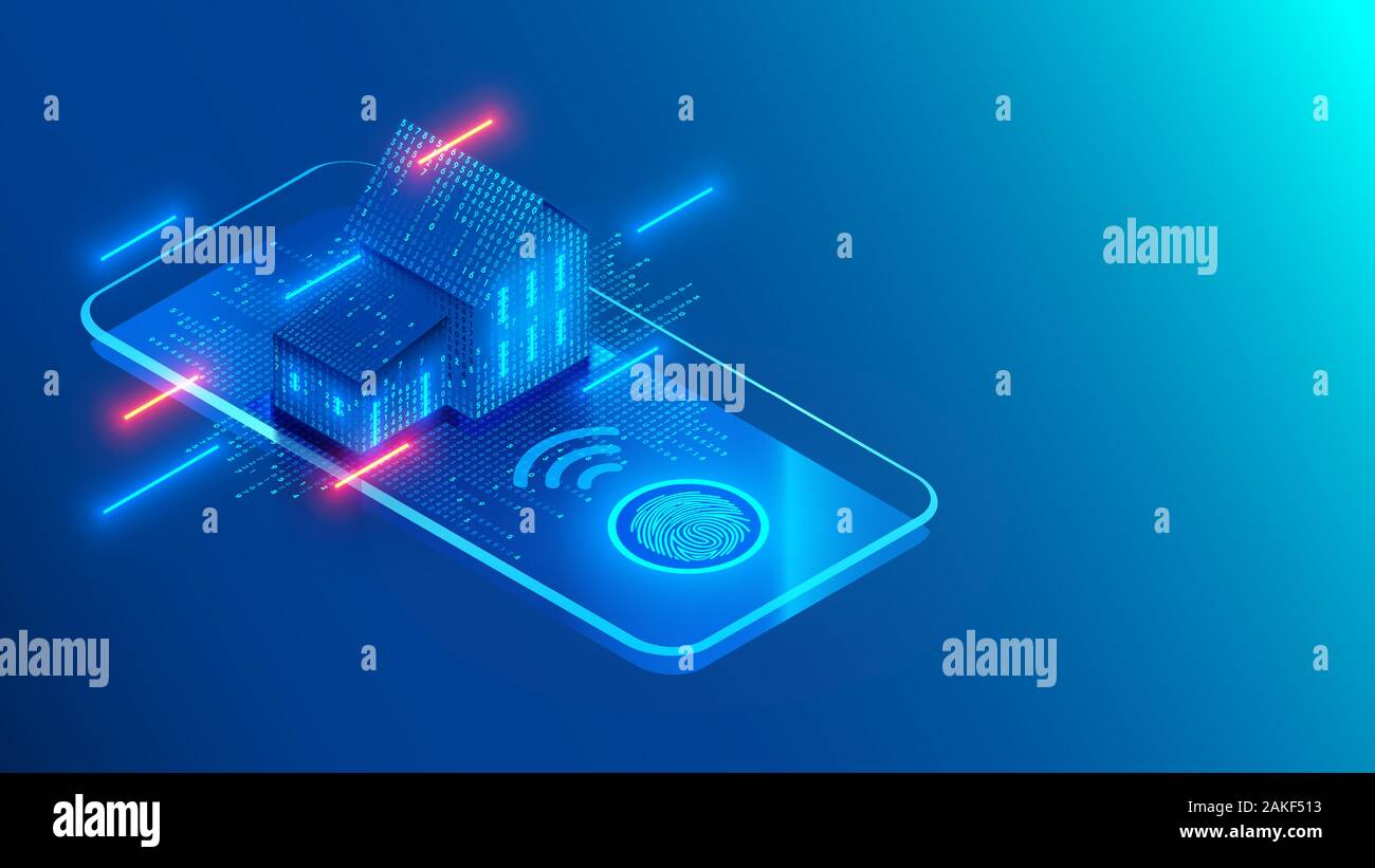 Smart home tecnologia sullo schermo smartphone su sfondo blu. Internet delle cose concettuale illustrazione isometrica. Casa digitale. Accesso all'IOT Illustrazione Vettoriale