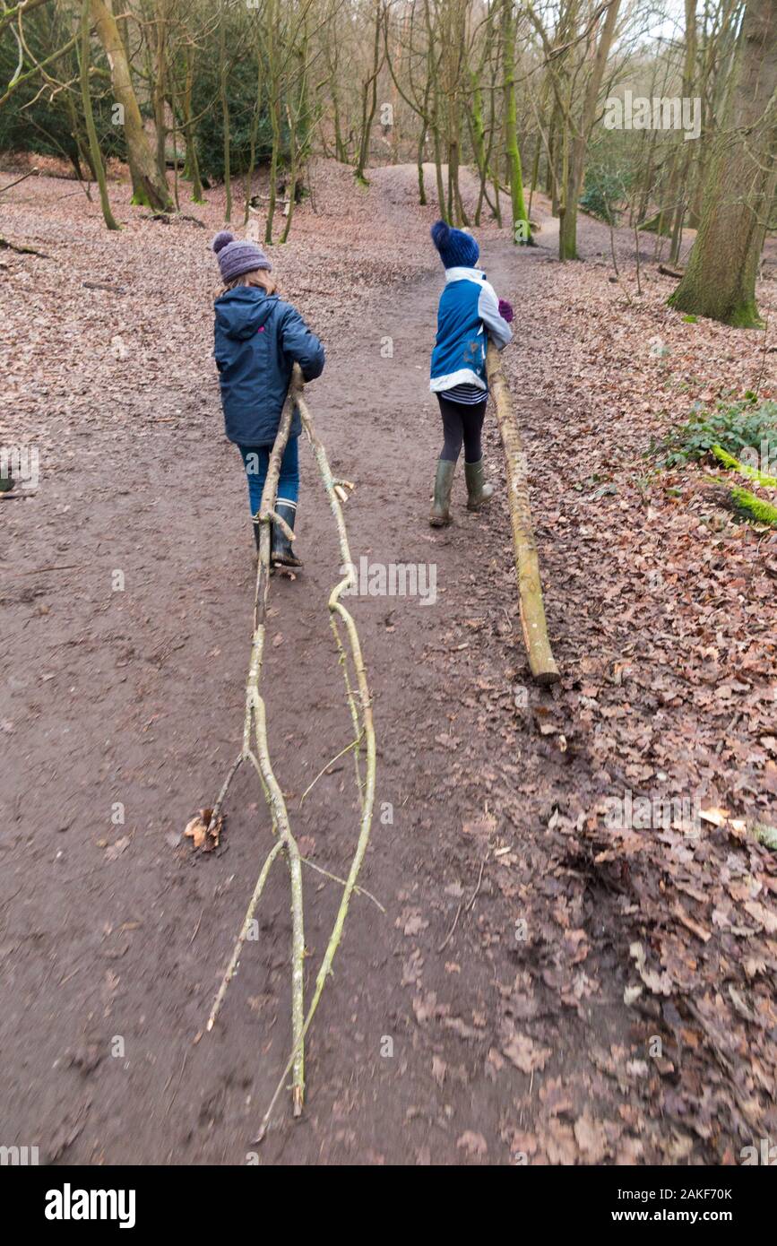 Bambini / bambini / bambini / ragazze che trasportano raccolta alberi rami come parte della Forest School - una giornata invernale in boschi nel West End Common, Esher, Surrey. INGHILTERRA (115) Foto Stock