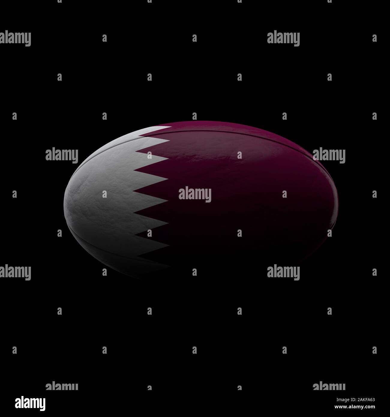Bandiera del Qatar rugby palla contro lo sfondo nero. Il rendering 3D Foto Stock
