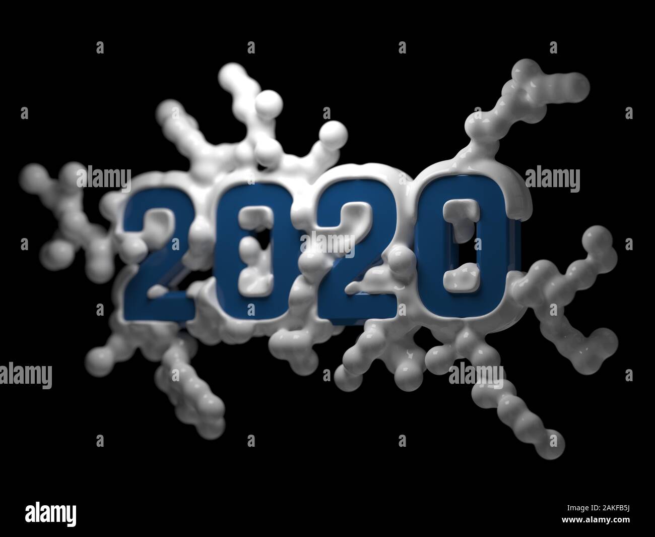 La figura 2020 fatta di plastica o metallo in popular Classic colore Blu circondato dal bianco di struttura molecolare 3d'illustrazione. Messa a fuoco selettiva di ripresa macro Foto Stock