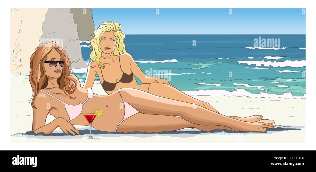 Due donne rilassante sulla spiaggia (stile cartoon) - illustrazione vettoriale Illustrazione Vettoriale