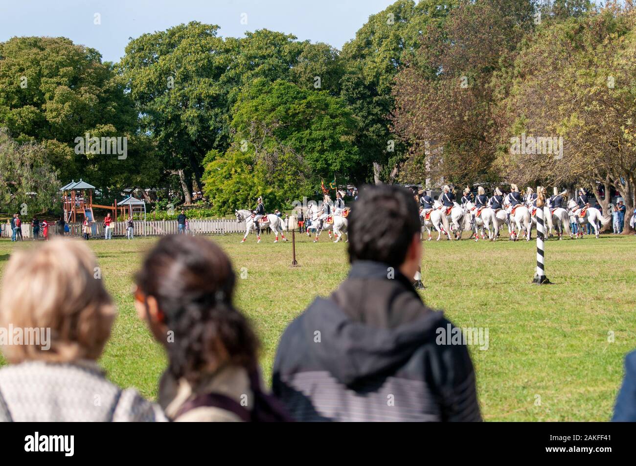 Membri della nazionale portoghese della Guardia montata brass band prenderà parte alla cerimonia del Cambio della guardia al Palazzo di Belem a Lisbona, Portogallo Foto Stock