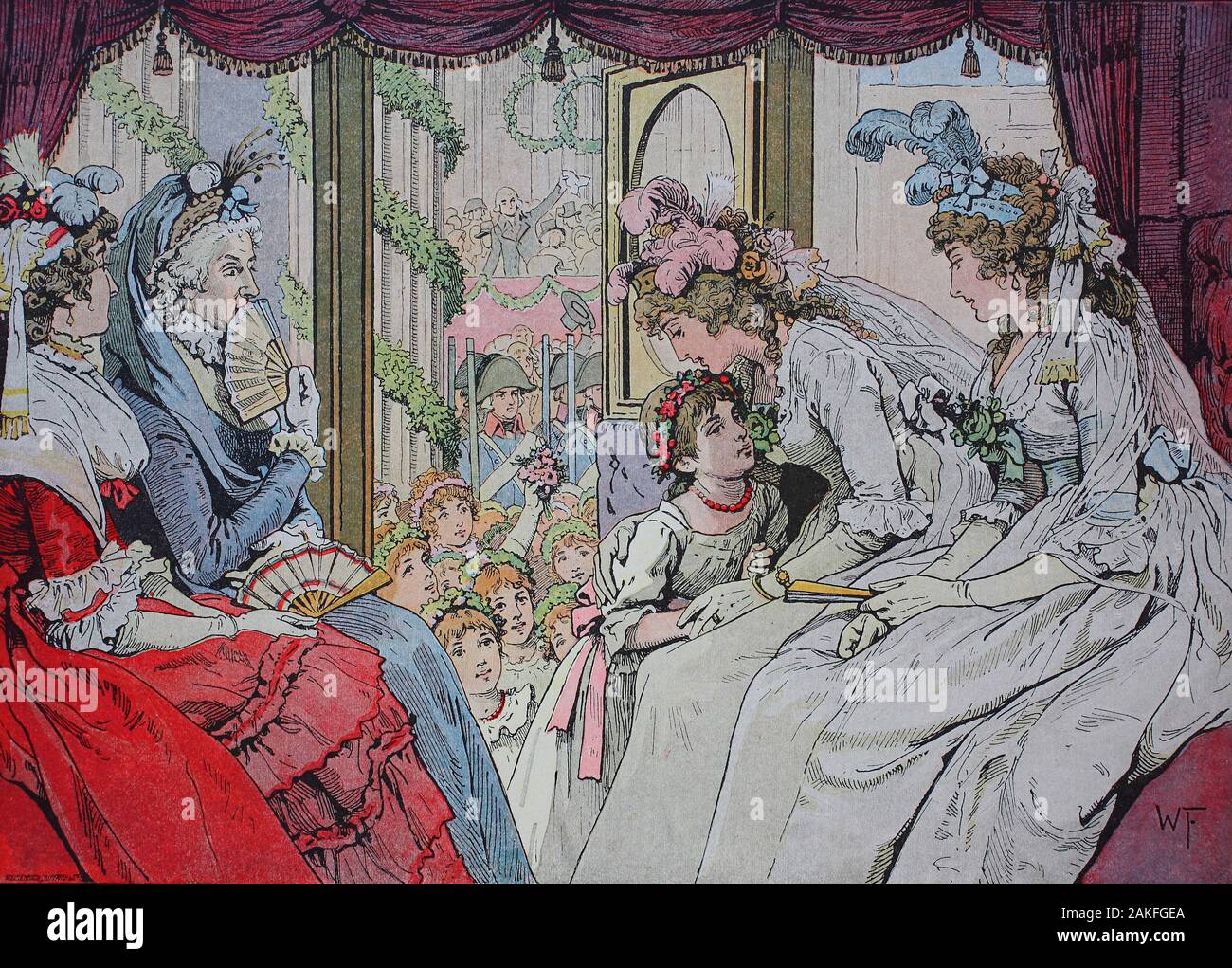 La duchessa Louise di Mecklenburg-Strelitz, Luise Auguste Wilhelmine Amalie, 1776 - 1810, regina di Prussia, Königin Luise von Preussen unter den linden a Berlino, saluto la principessa sposa da ragazza con fiori, 22. Dicembre 1793 / Herzogin Luise von Mecklenburg-Strelitz, Luise Auguste Wilhelmine Amalie, 1776 - 1810, Königin von Preußen, Königin Luise von Preussen unter den linden zu Berlin, Begrüßung der Prinzessin Braut von Mädchen mit Blumen, 22. Dezember 1793, digitale migliorata la riproduzione di un originale del XIX secolo / digitale Reproduktion einer Originalvorlage aus dem 19. Jahrh Foto Stock