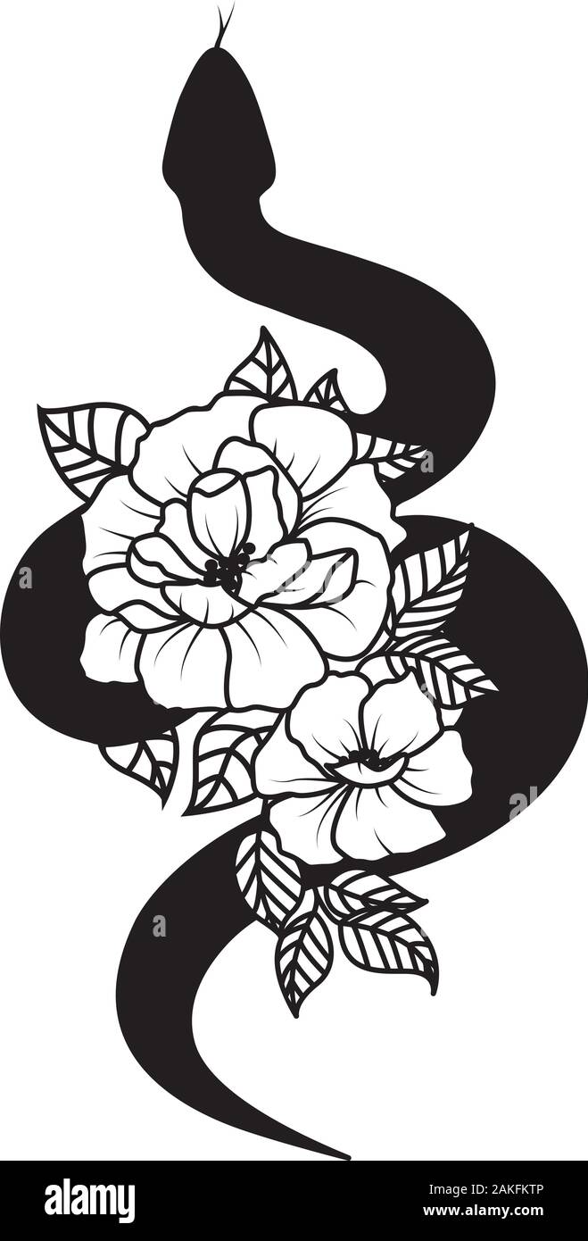 I serpenti e fiori. Arte del tatuaggio Silhouette di rettili Illustrazione Vettoriale