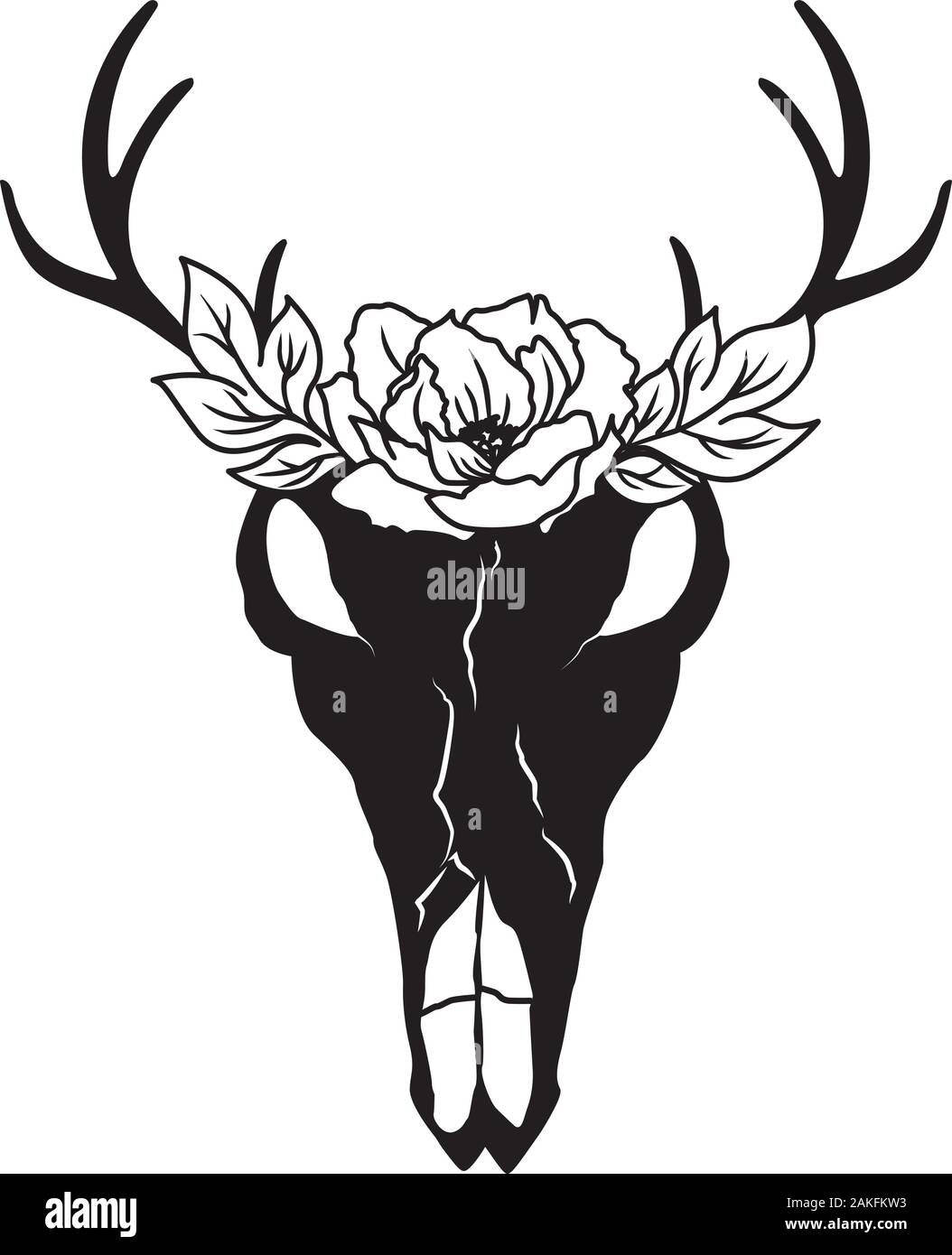 Cranio di cervo e fiori. Silhouette di animali. Avvisatore acustico floreali Illustrazione Vettoriale