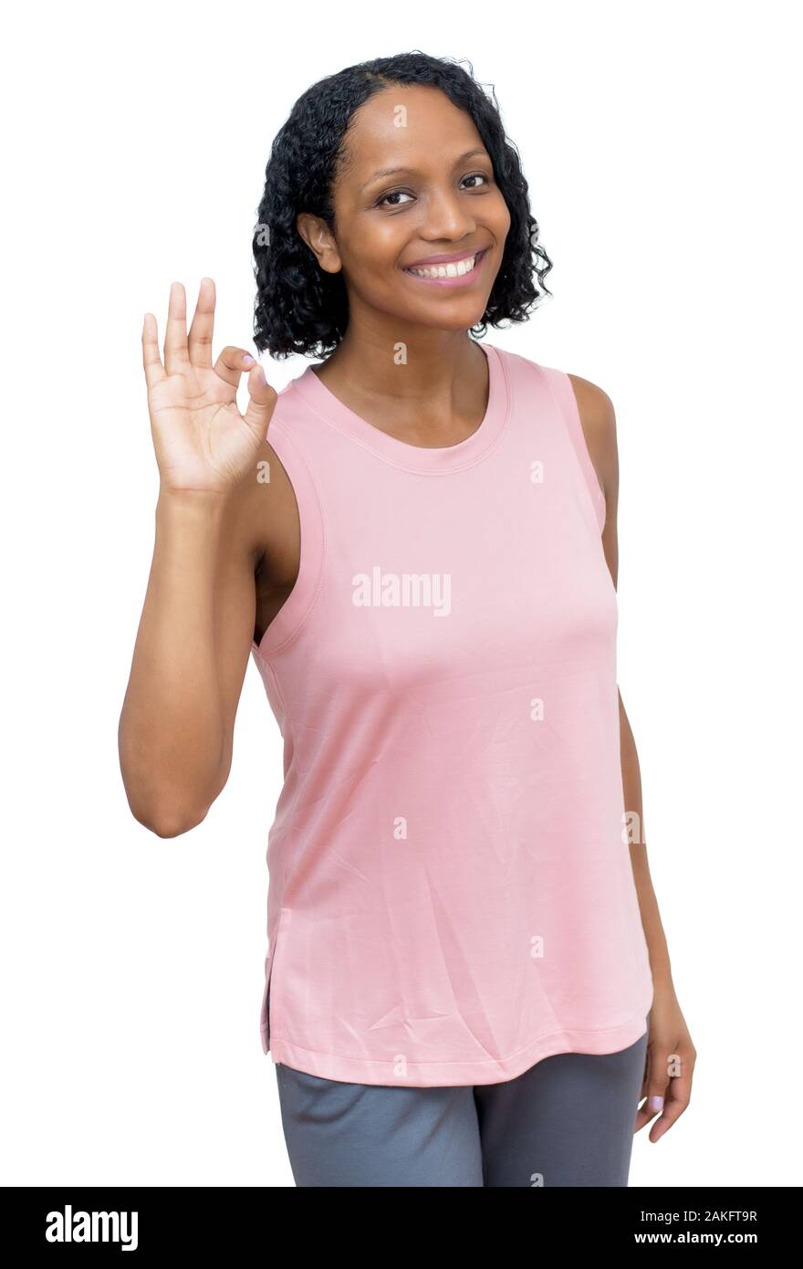 Sportivo americano africano donna matura isolata su sfondo bianco per tagliare Foto Stock