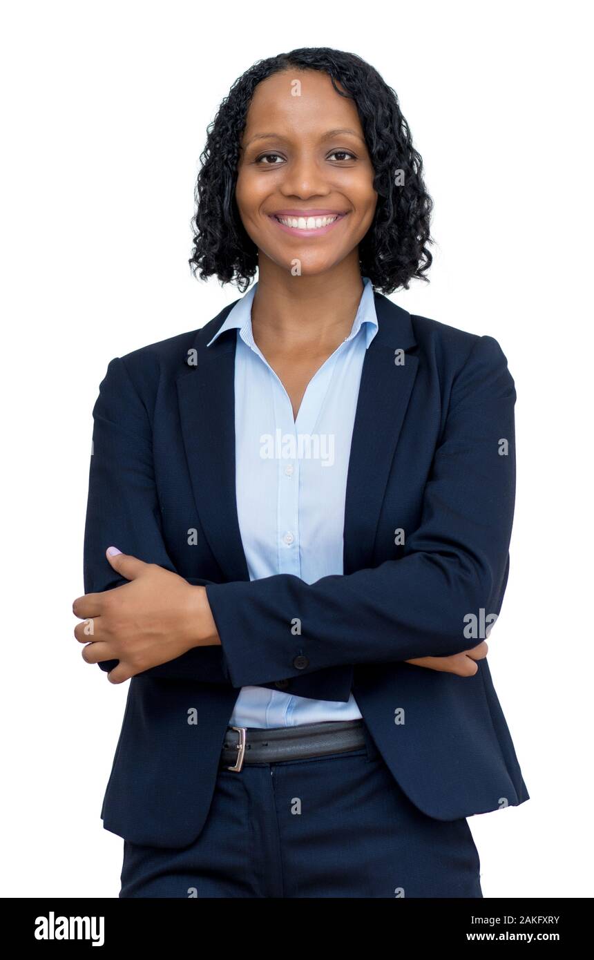 Ridendo African American imprenditrice isolati su sfondo bianco per tagliare Foto Stock