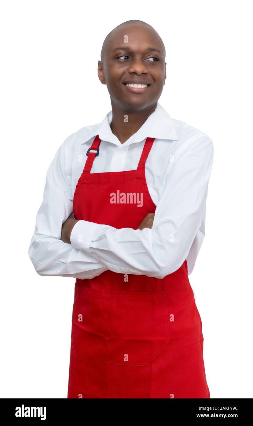 African American cameriere con grembiule rosso isolato su sfondo bianco per tagliare Foto Stock