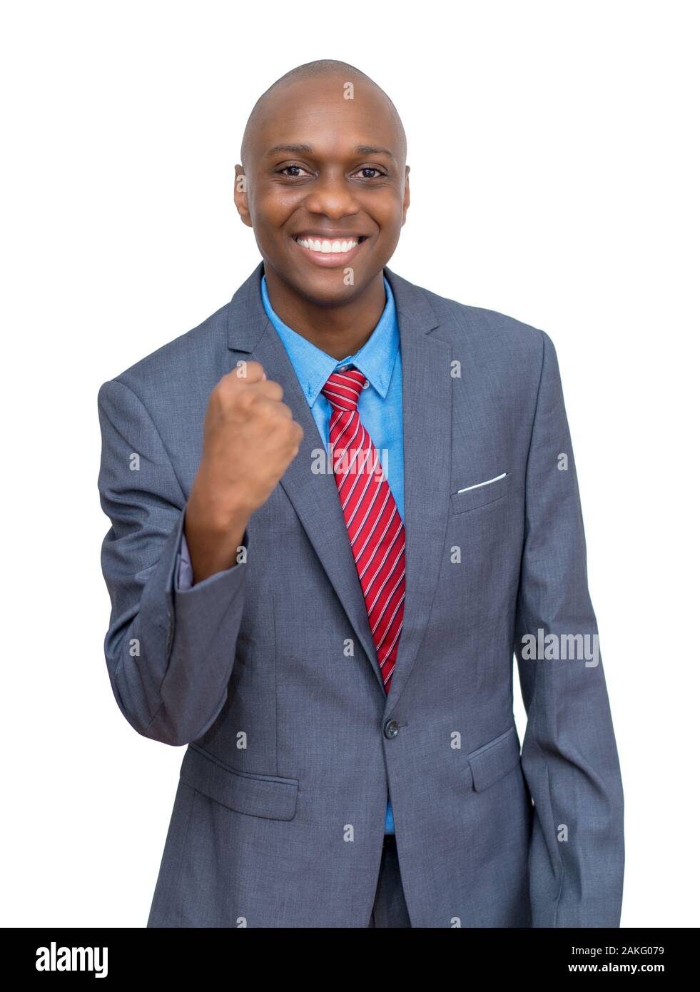 Il tifo di successo americano africano imprenditore isolato su sfondo bianco per tagliare Foto Stock