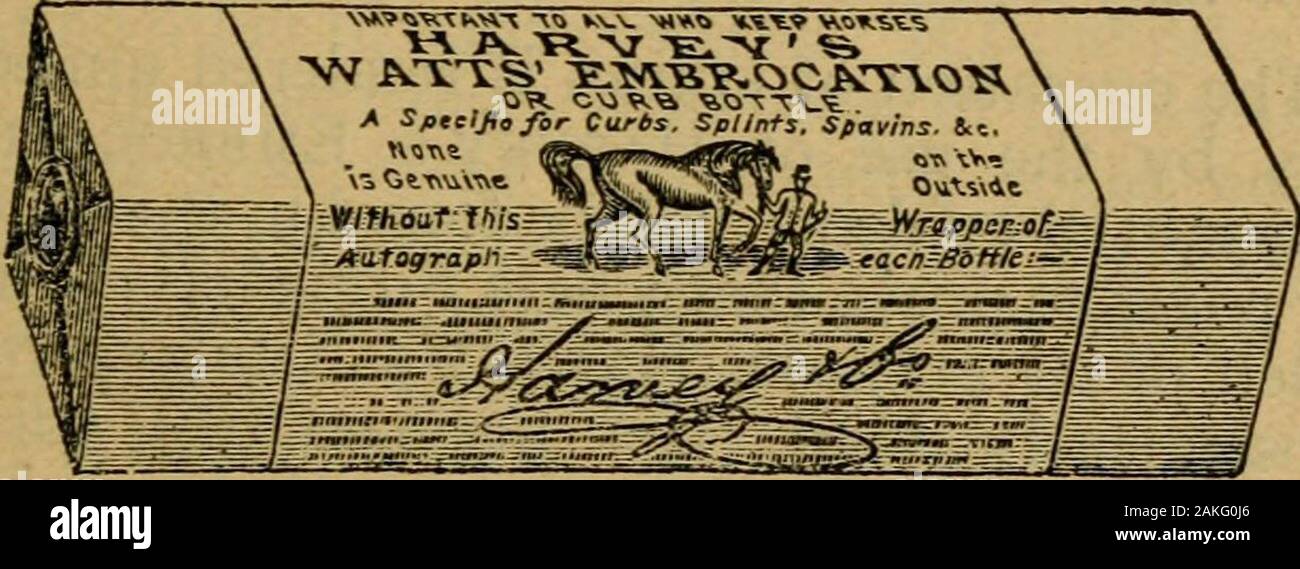 Il cavallo-proprietario la comoda note book o malattie comuni di cavalli e di altri animali, con i loro rimedi . Harveys Embrocation. ii ** Non è un difetto.-Tempest, atto r, scena i. •^ ATTENZIONE.-chiedere HARVEYS Embrocation, andobserve che un fac-slmile del ProprietorsSiirnature è sull'involucro esterno del eachGenuine BottSe. Parte I. un sostituto per la cottura. Per BONYENLARGEMENTS, callosità, 6Tc. HARVEYS EMBROCATION, (Hara-eys Watt Embrocation). Un non-blemishing specifico per i cordoli, stecche, Spavins, profonde zoppia, &c. Bottiglie (racchiusi), 3/9 e 7/- ciascuna. Vet. I professionisti di bottiglie, 21/-.. Foto Stock