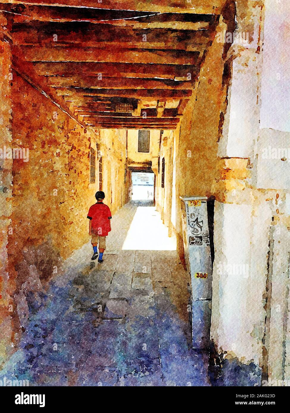 Acquerello rappresenta un vicolo nel centro storico di Venezia Foto Stock