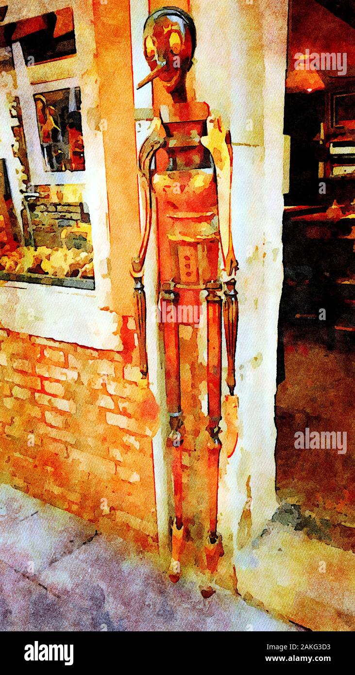 Acquerello in rappresentanza di Pinocchio burattino di legno in una piccola  strada del centro storico di Venezia Foto stock - Alamy