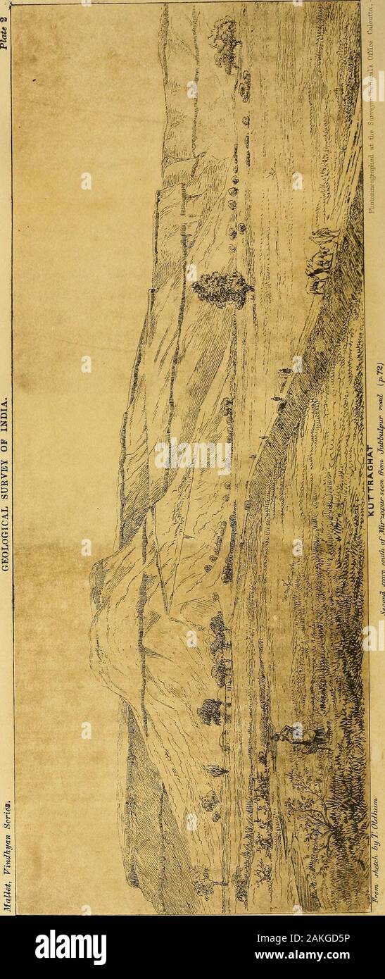 Memorie di Servizio Geologico di India . questo, trovanella Nerbudda valley, alcuni dei più intricati geologia dell'Vindhyanarea è trovato, che come il Rewahs gioca una parte più importante in essa, itwill essere migliore per descrivere qui. Gli strati a Bilheri e a nord di esso nuotata in un piccolo angolo verso il Bundairs, ma a circa due miglia soutb-Nerbudda Valley. est della città ci si imbatte in un basso crinale dove l'inclinazione è di 50° a nord-20°-west. Se seguiamo questa cresta fuori verso ovest, si è riscontrato un aumento in altitudine, fino in prossimità di . Kuttungi è non meno di 600 metri di altezza, scoscesi e dentellata in Foto Stock