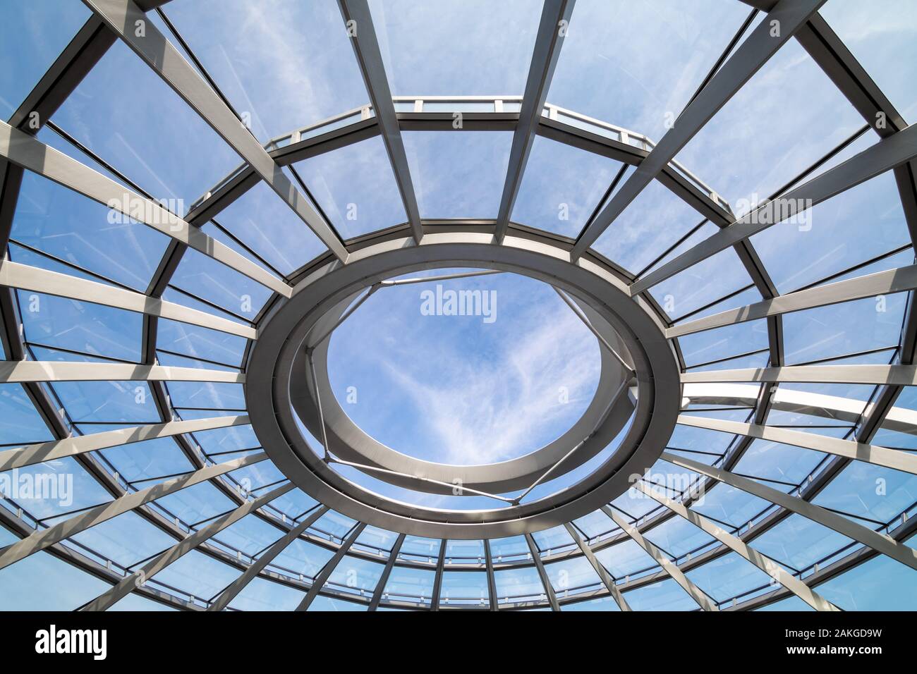 Vista simmetrica della parte superiore della cupola dell'edificio del Reichstag, contro un cielo blu estivo Foto Stock