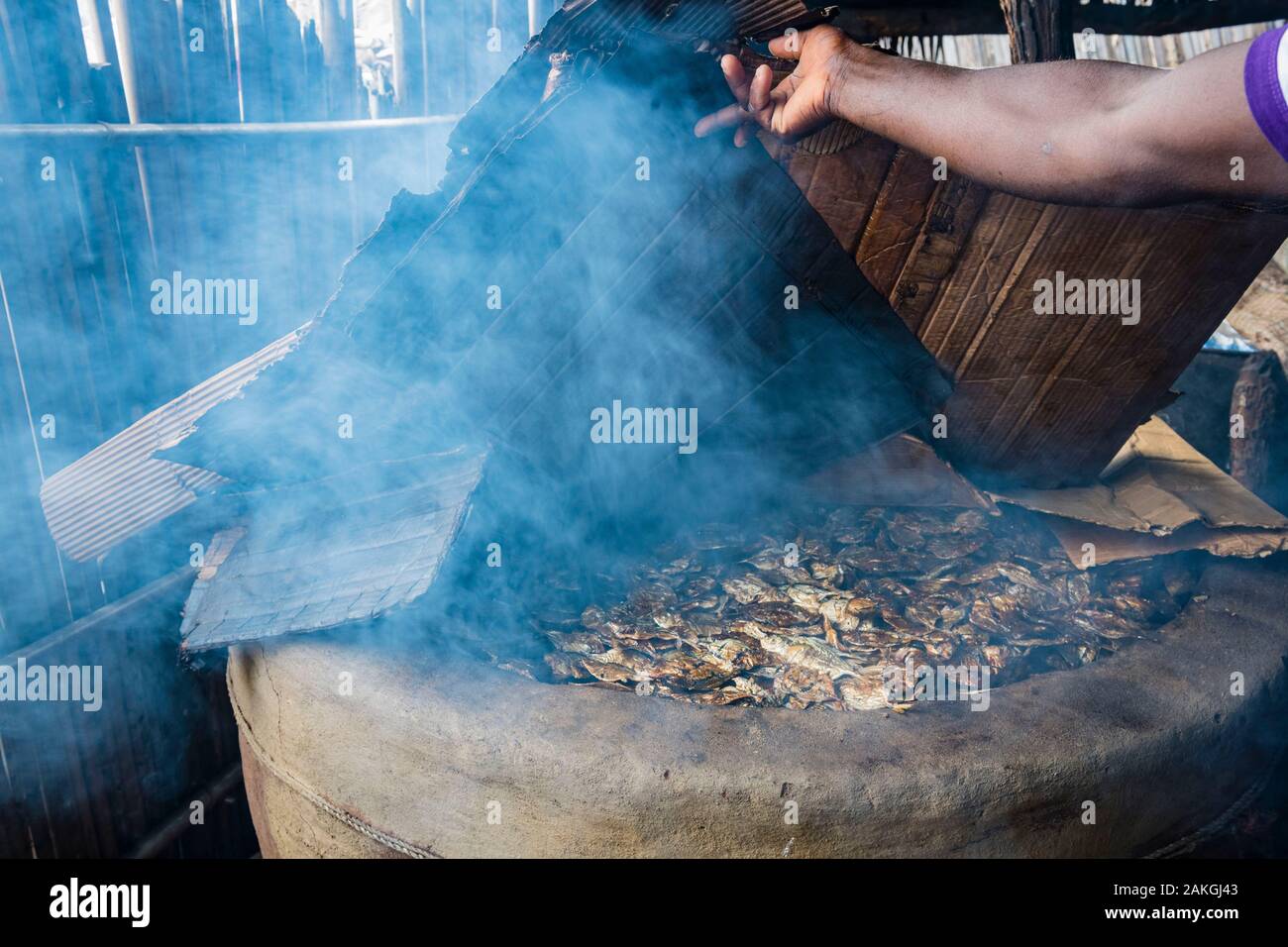 La Costa d Avorio, Grand Lahou distretto, Grand Lahou, fumatori di pesce Foto Stock