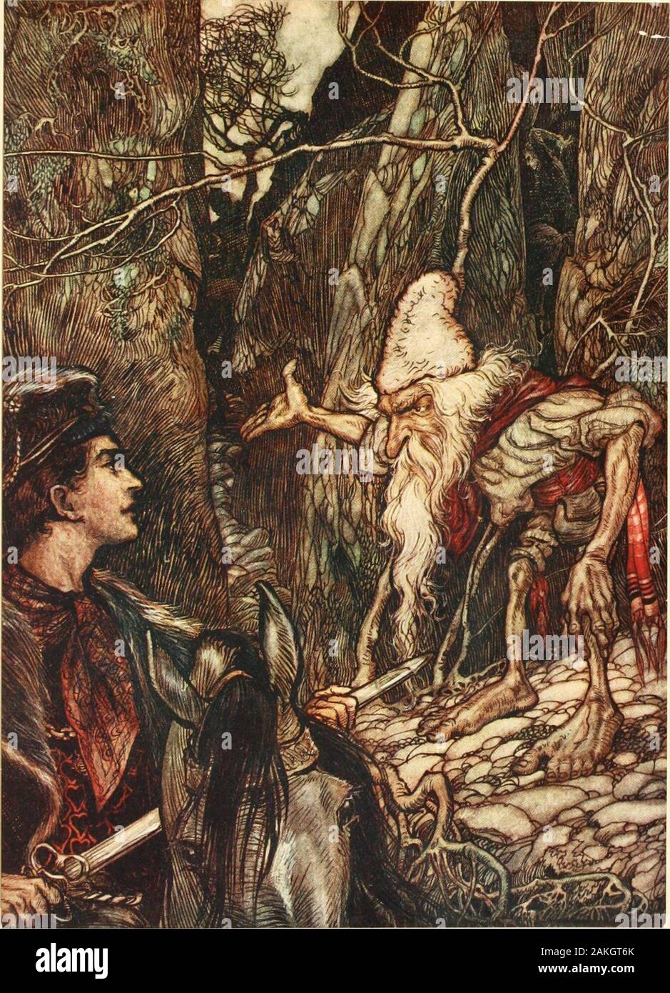 Le fiabe dei fratelli Grimm . carrello come ha appena raggiunto il cancello di ferro e bangedso rapidamente che non ha preso il via un po' del suo tallone. Ha gioito per aver ottenuto alcuni di acqua della vita,e si affrettò a recarsi sul suo viaggio di ritorno. Egli ha di nuovo superato theDwarf, che ha detto, quando vide la spada e la focaccia, Thosethings sarà di grande servizio per voi. Sarà possibile tostrike giù interi eserciti con la spada e la focaccia willnever giunto alla fine. Il principe non voleva andare a casa senza i suoi fratelli ed egli ha detto, buona nana, non potete dirmi dove mybrothers sono ? Essi sono andati in cerca del Foto Stock