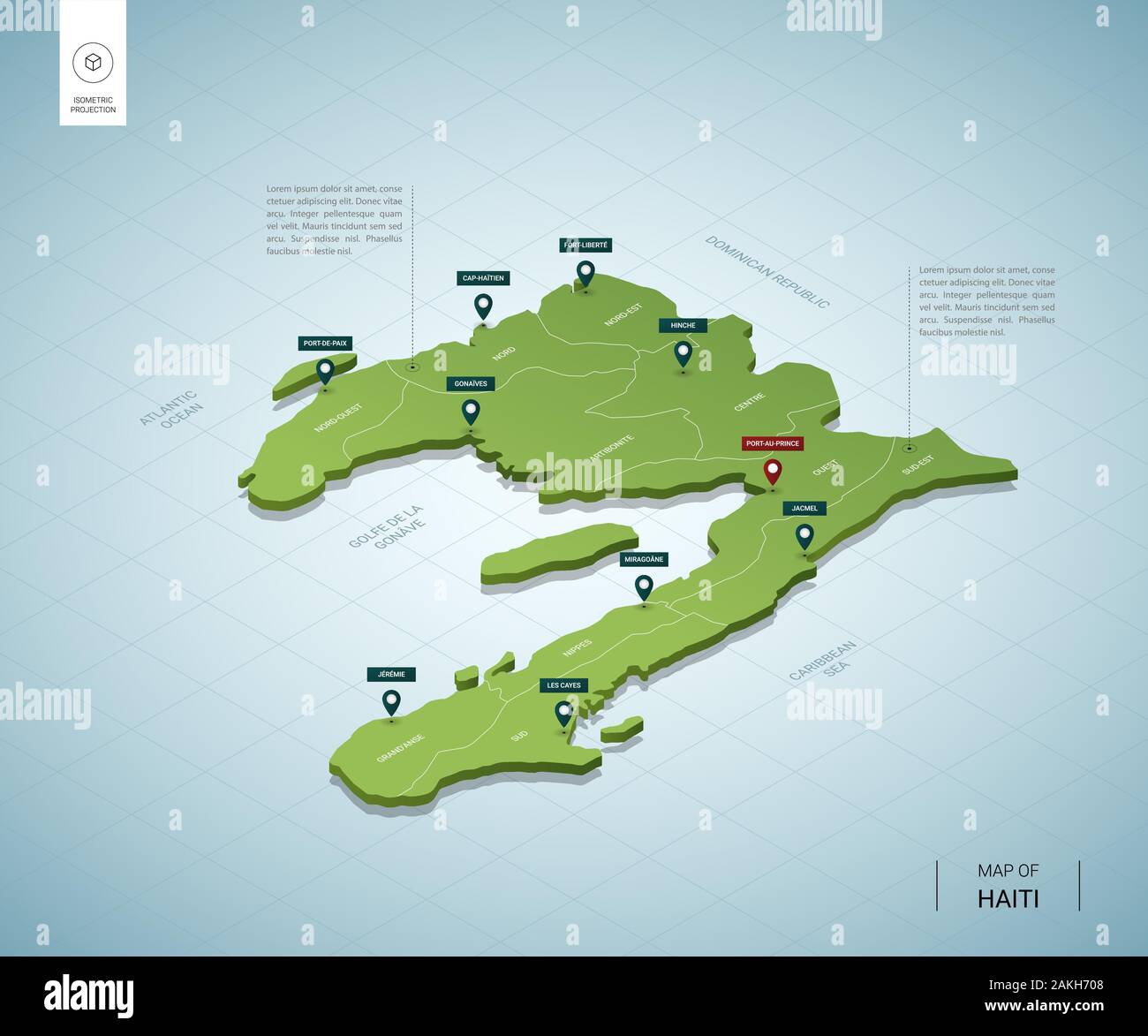 Mappa stilizzata di Haiti. Isometrica, 3D green mappa le città, le frontiere, capitale Port-au-Prince, regioni. Illustrazione Vettoriale. Livelli modificabili chiaramente labe Illustrazione Vettoriale