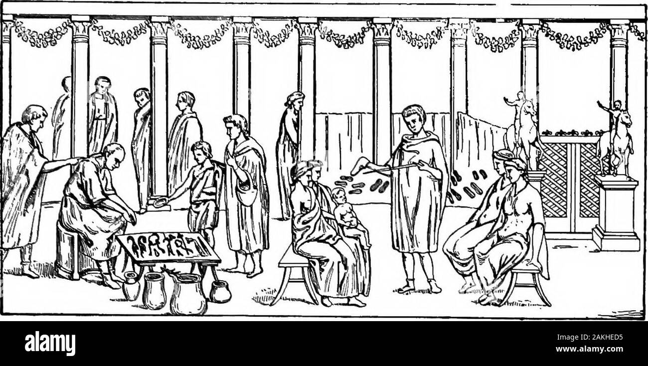 Città sepolta . Una scena nel forum. Sulle pareti di una stanza in una casa di Pompei gli uomini ha trovato thispicture, mostrando come interessante la vita del forum è stato. Sullato sinistro è un tavolo dove un uomo ha gli utensili da cucina per la vendita.Ma egli è sognare e non vedere un cliente proveniente. Così hisfriend è svegliato. Vicino a lui è un calzolaio sellingsandals ad alcune donne. L'avorio forcine. Sotto ci sono due toilette avorio scatole. Uno è stato probabilmente forperfumed olio. Apparecchi per il bagno. Questi sono stati trovati appesi in un anello in uno dei grandi publicbaths. È possibile vedere un pallone per olio, un piattino per versare lâ olio in una Foto Stock