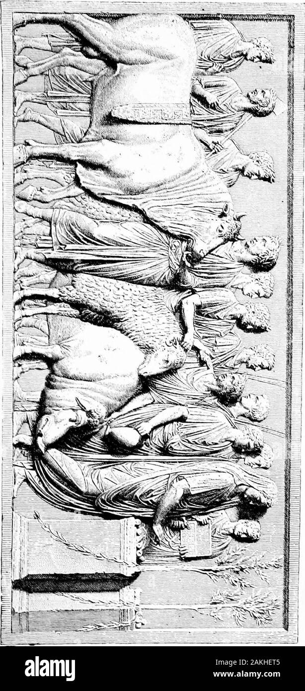 Città sepolta . Un sacrificio. Un cinghiale, una ram e una bolla vengono ad essere uccisi, e una parte di theflesh è di essere bruciata sull'altare di compiacere gli dèi. •=^wir -^ H. Una scena nel forum. Sulle pareti di una stanza in una casa di Pompei gli uomini ha trovato thispicture, mostrando come interessante la vita del forum è stato. Sullato sinistro è un tavolo dove un uomo ha gli utensili da cucina per la vendita.Ma egli è sognare e non vedere un cliente proveniente. Così hisfriend è svegliato. Vicino a lui è un calzolaio sellingsandals ad alcune donne. L'avorio forcine. Sotto ci sono due toilette avorio scatole. Uno è stato probabilmente forperfumed olio. APPLIANC Foto Stock